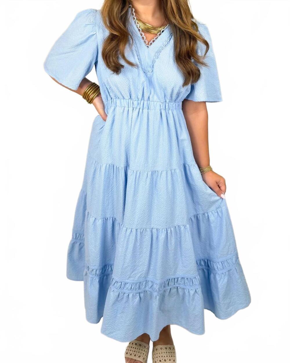 NEW UMGEE lace trim tiered midi dress in sky